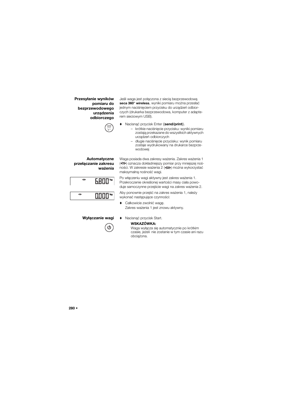Automatyczne przełączanie zakresu ważenia, Wyłączanie wagi | Seca 757 User Manual | Page 280 / 307