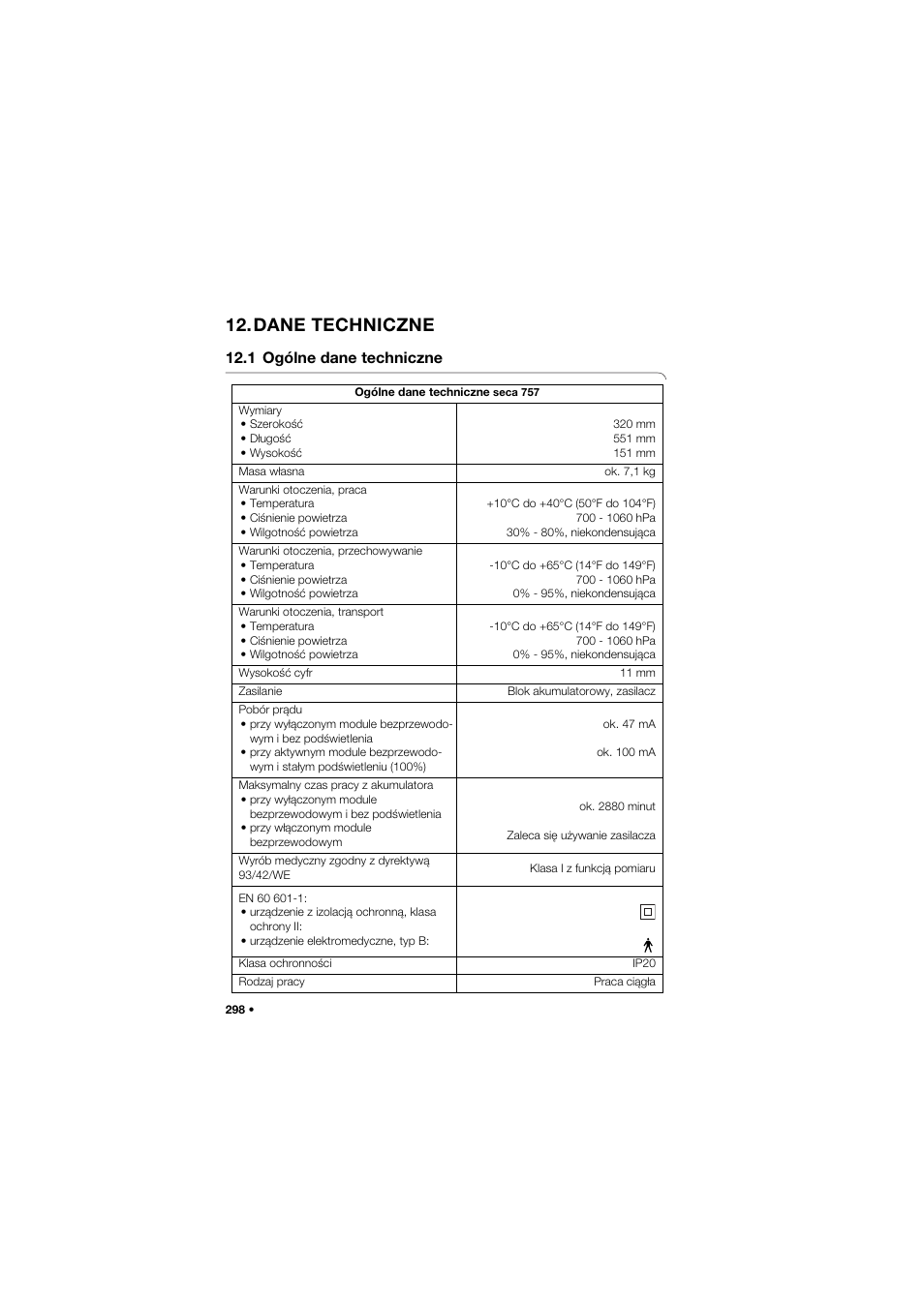 Dane techniczne, 1 ogólne dane techniczne | Seca 757 User Manual | Page 298 / 307