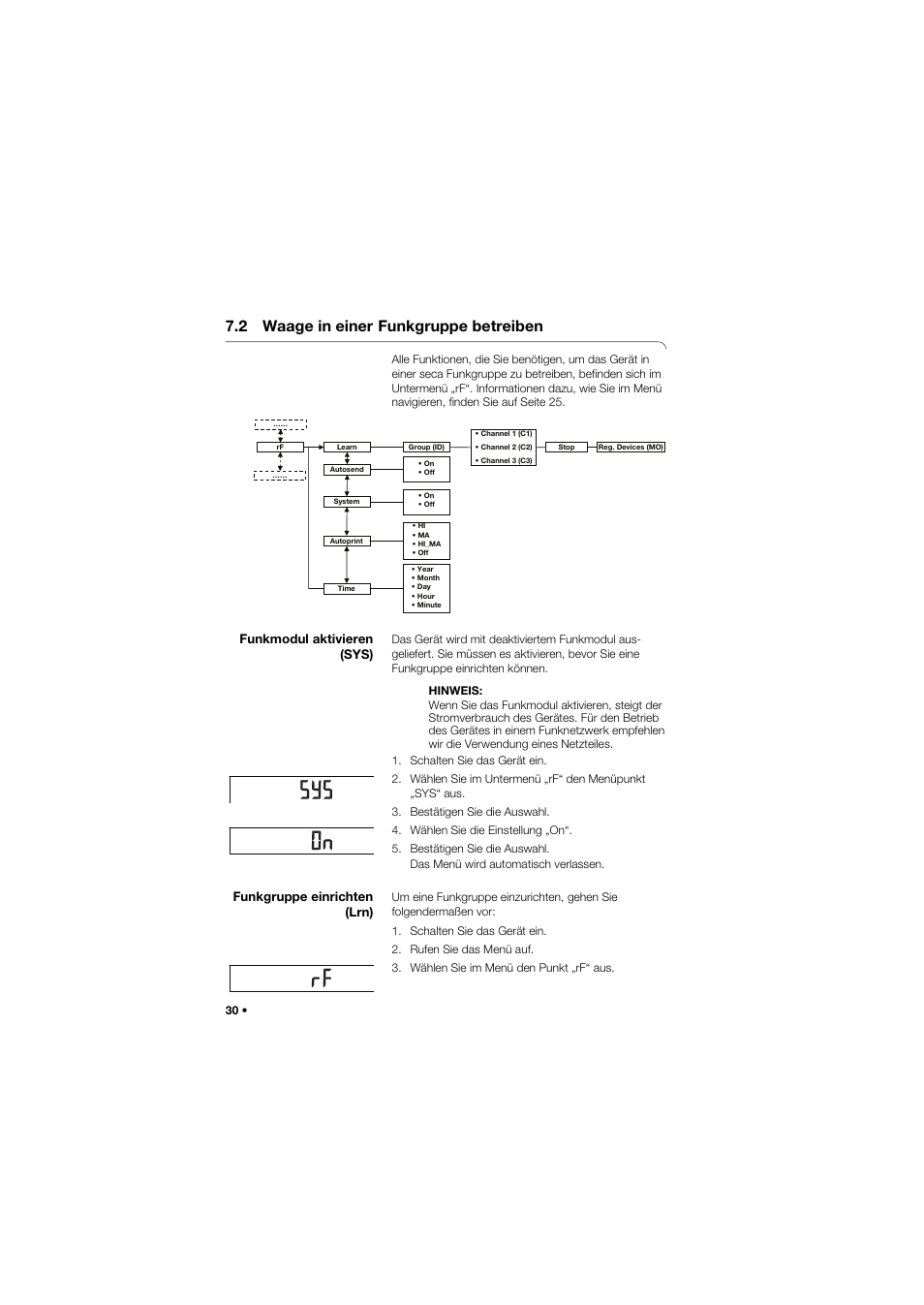 2 waage in einer funkgruppe betreiben, Funkmodul aktivieren (sys), Funkgruppe einrichten (lrn) | 2 waage in einer, Funkgruppe betreiben | Seca 757 User Manual | Page 30 / 307