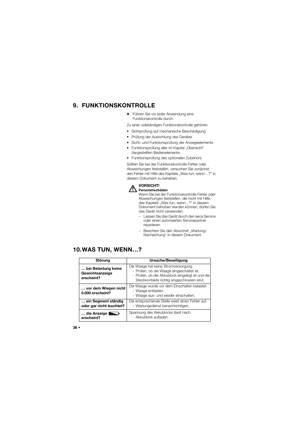 Funktionskontrolle, Was tun, wenn | Seca 757 User Manual | Page 36 / 307