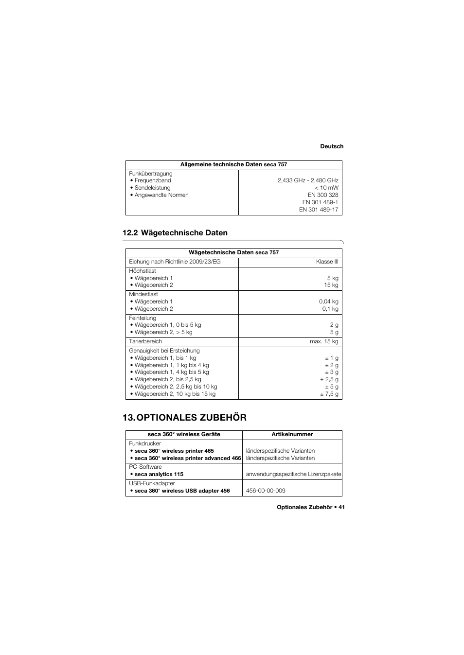 2 wägetechnische daten, Optionales zubehör | Seca 757 User Manual | Page 41 / 307