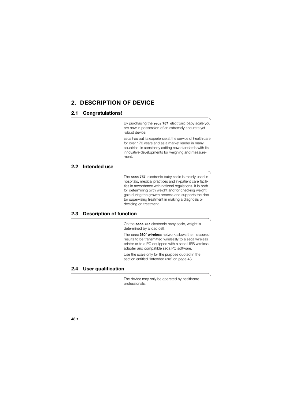 Description of device, 1 congratulations, 2 intended use | 3 description of function, 4 user qualification | Seca 757 User Manual | Page 48 / 307