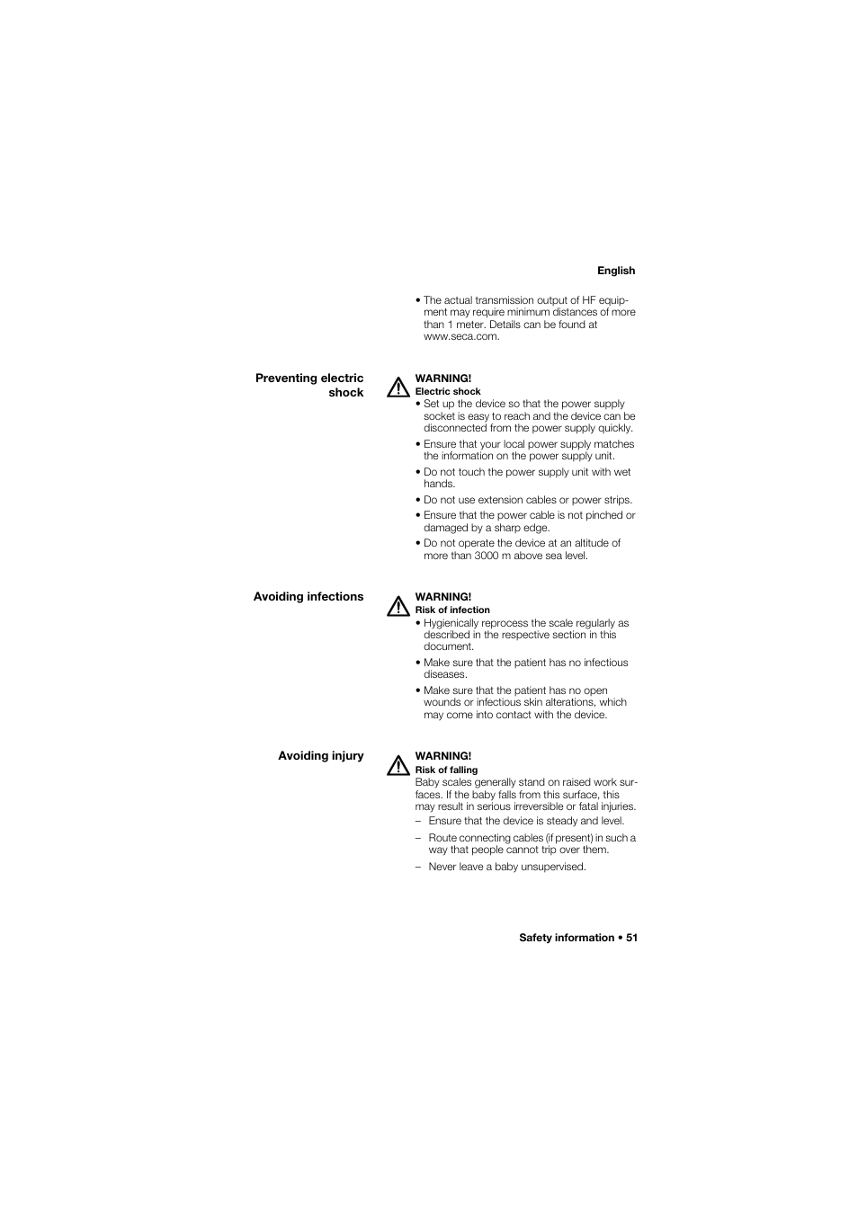 Preventing electric shock, Avoiding infections, Avoiding injury | Seca 757 User Manual | Page 51 / 307