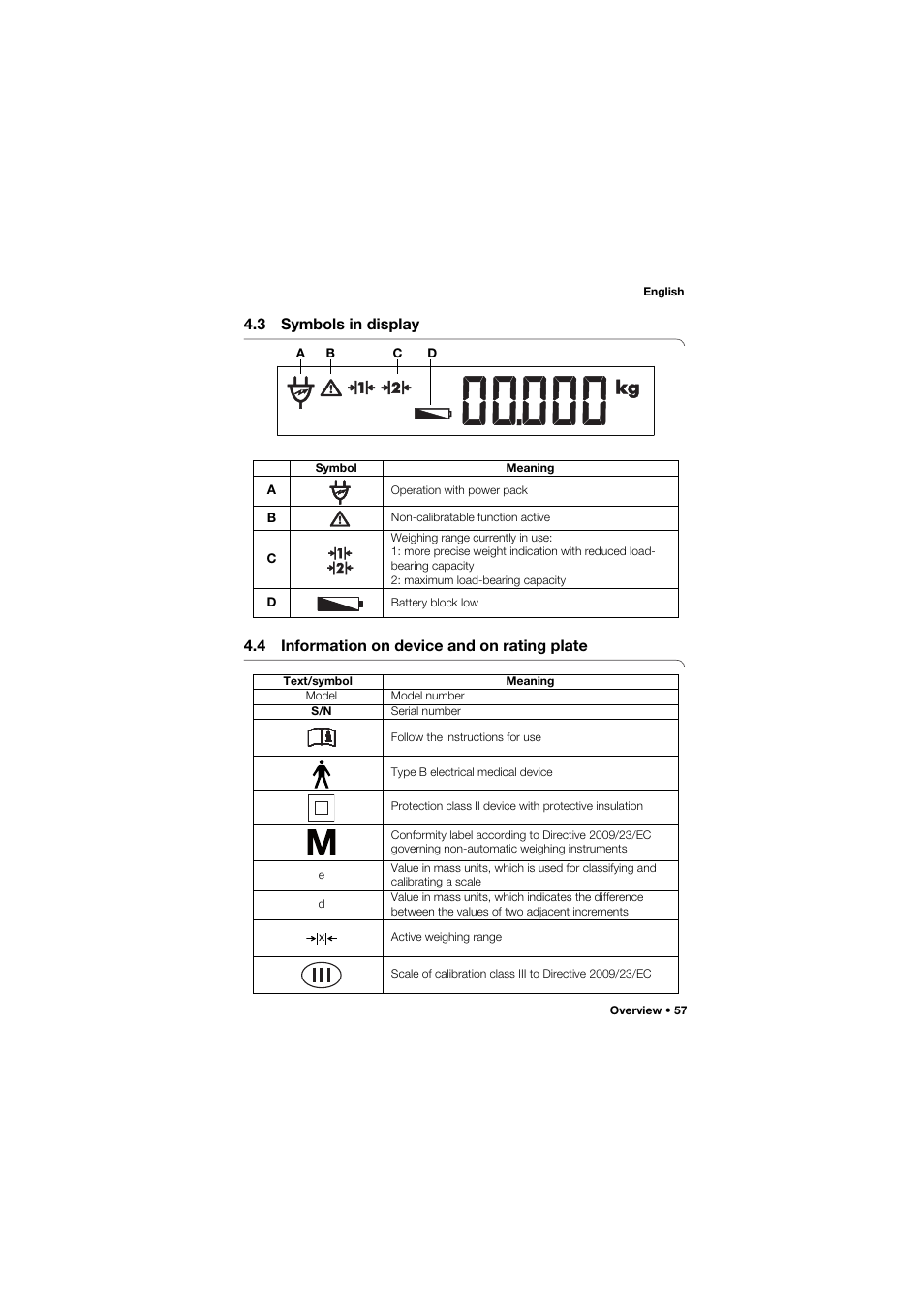 3 symbols in display, 4 information on device and on rating plate | Seca 757 User Manual | Page 57 / 307