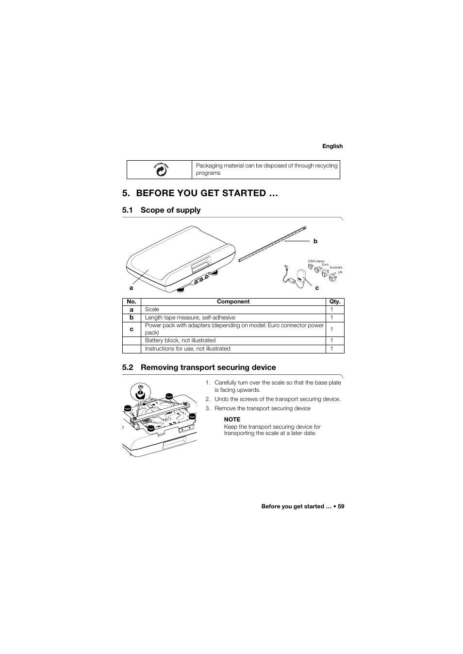 Before you get started, 1 scope of supply, 2 removing transport securing device | Seca 757 User Manual | Page 59 / 307