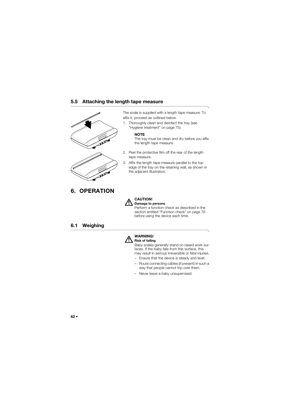 5 attaching the length tape measure, Operation, 1 weighing | Seca 757 User Manual | Page 62 / 307