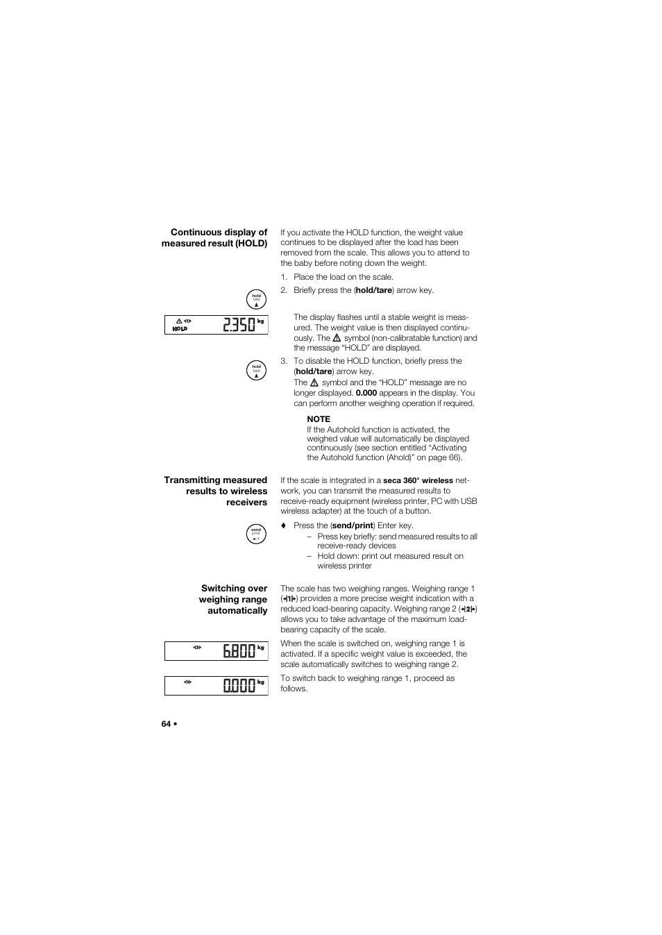 Continuous display of measured result (hold), Switching over weighing range automatically | Seca 757 User Manual | Page 64 / 307