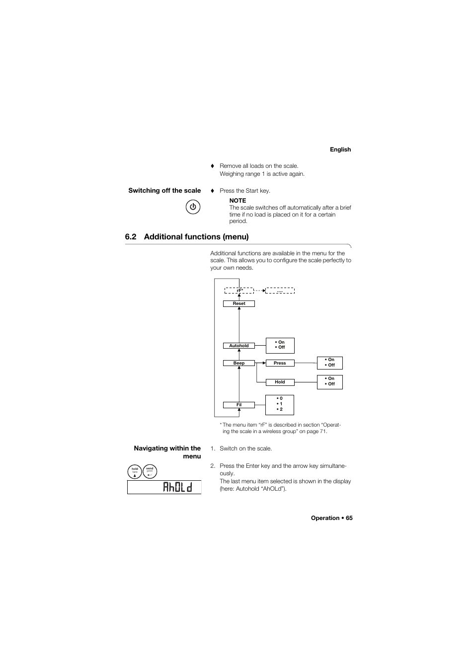 Switching off the scale, 2 additional functions (menu), Navigating within the menu | Seca 757 User Manual | Page 65 / 307