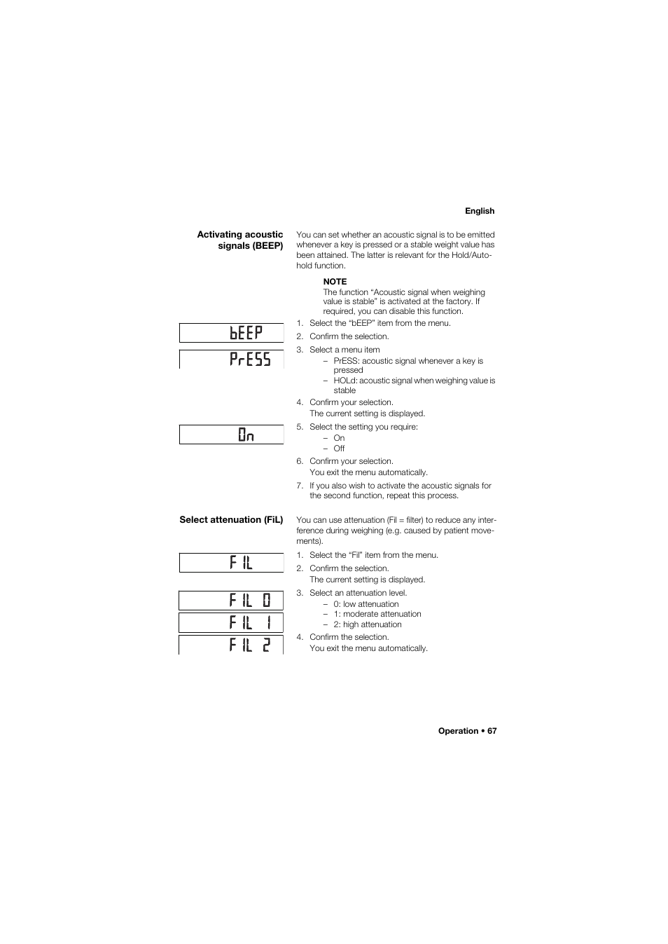 Activating acoustic signals (beep), Select attenuation (fil) | Seca 757 User Manual | Page 67 / 307