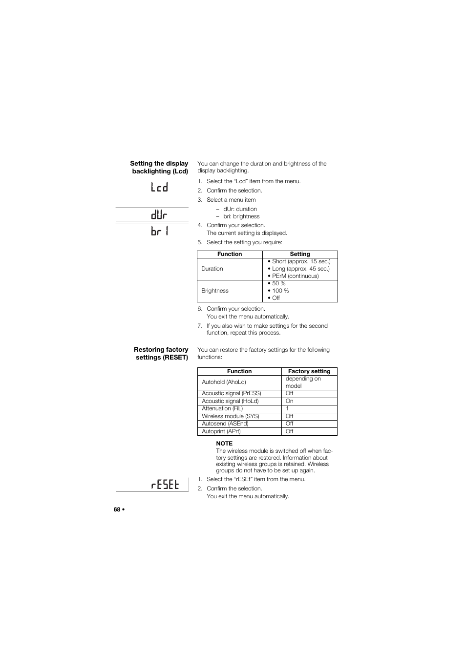 Setting the display backlighting (lcd), Restoring factory settings (reset) | Seca 757 User Manual | Page 68 / 307