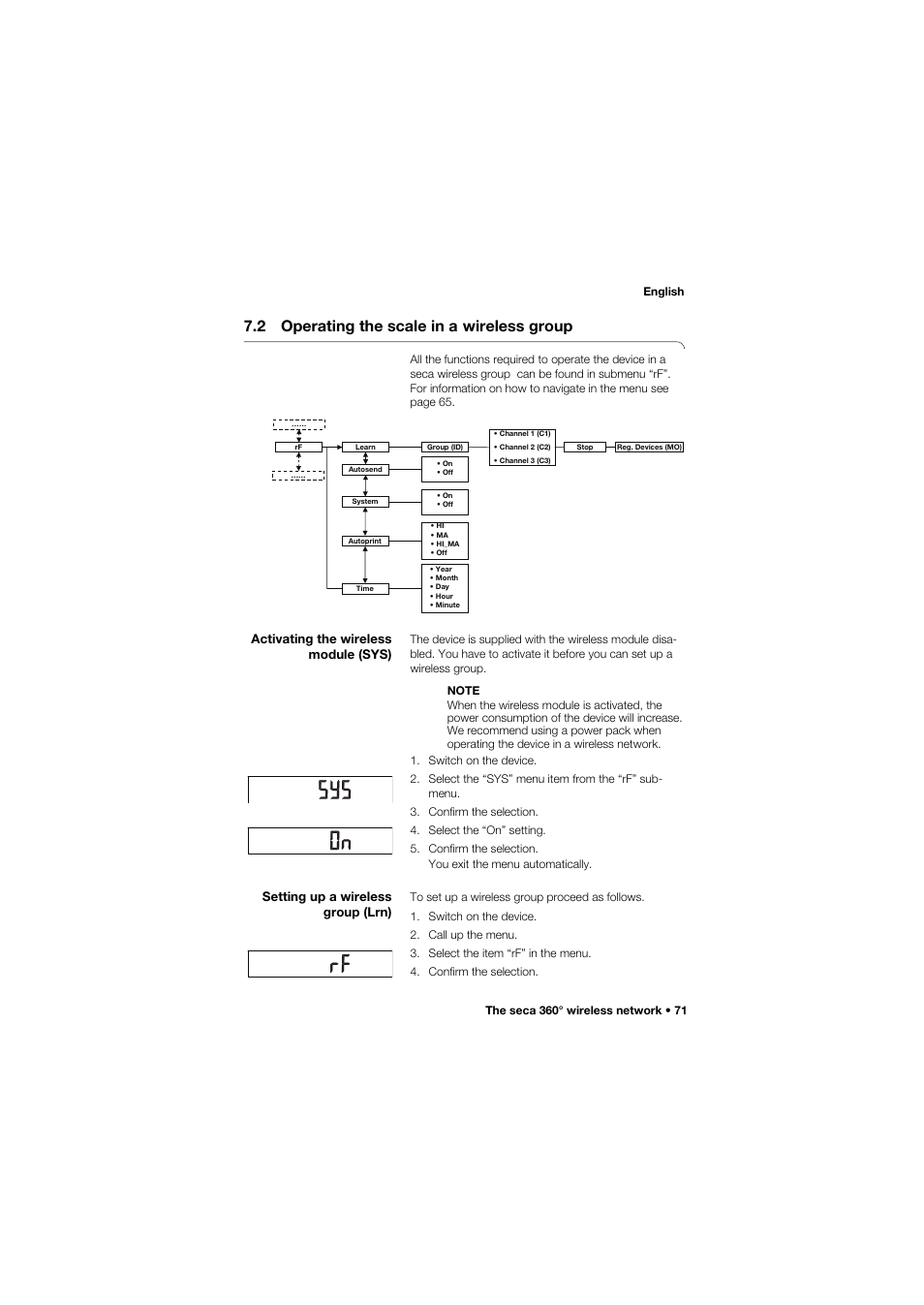 2 operating the scale in a wireless group, Activating the wireless module (sys), Setting up a wireless group (lrn) | 2 operating the scale in a, Wireless group | Seca 757 User Manual | Page 71 / 307