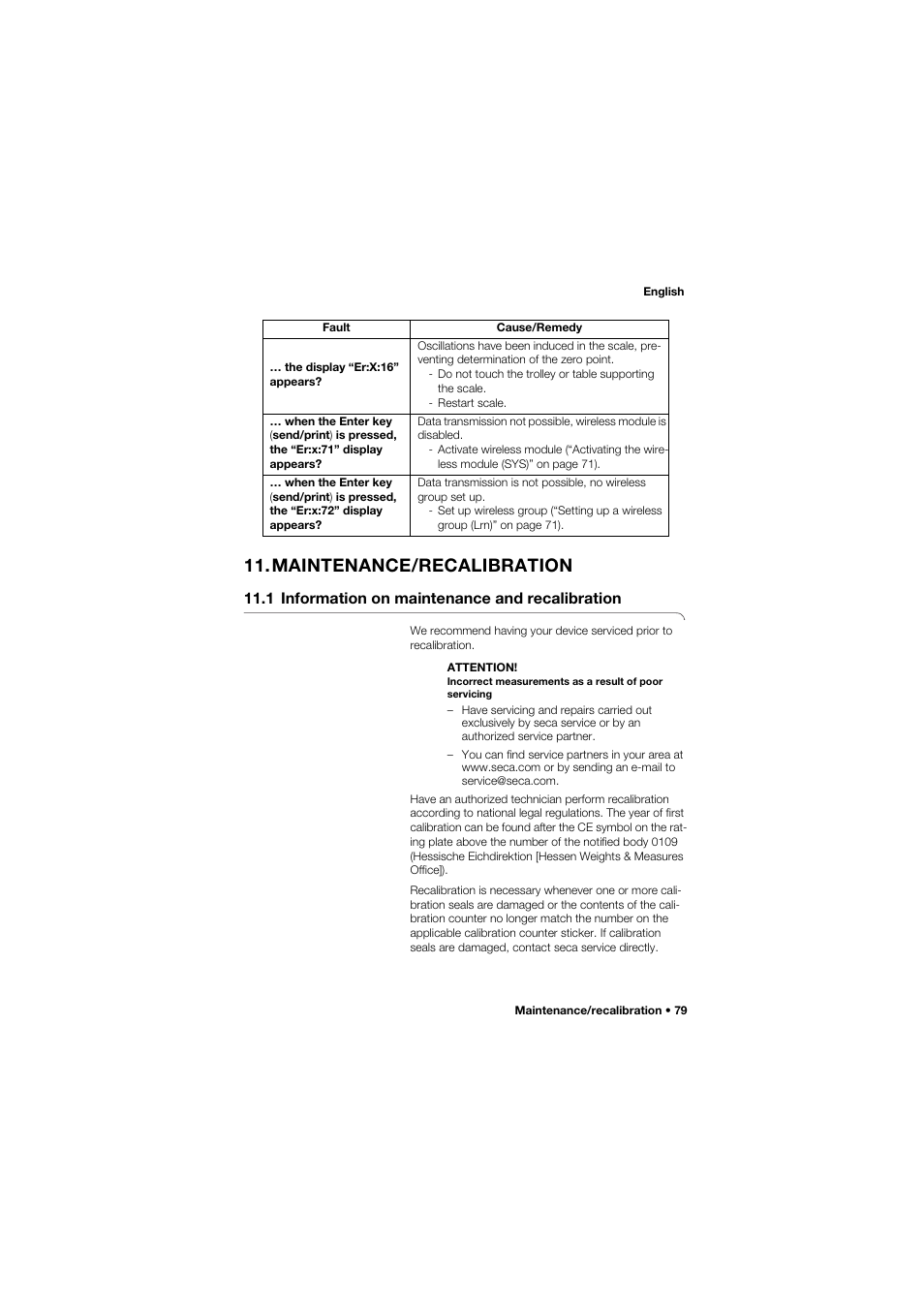 Maintenance/recalibration, 1 information on maintenance and recalibration | Seca 757 User Manual | Page 79 / 307