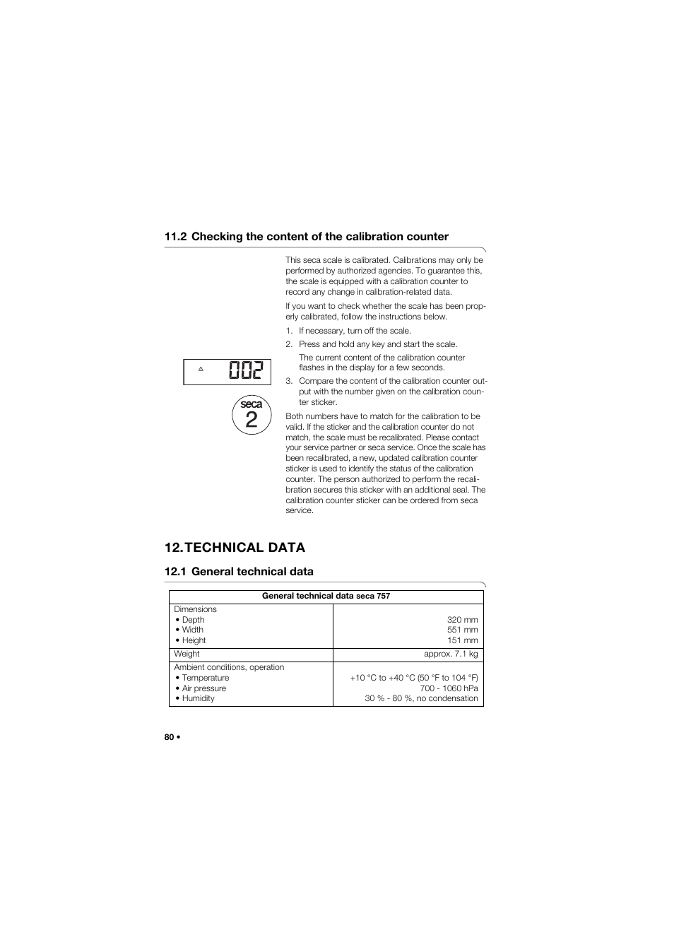 2 checking the content of the calibration counter, Technical data, 1 general technical data | Seca 757 User Manual | Page 80 / 307
