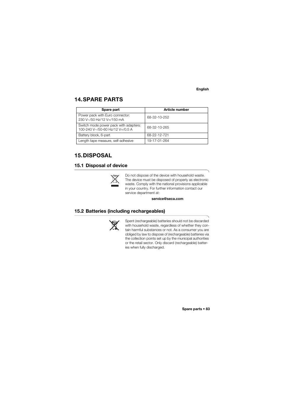 Spare parts, Disposal, 1 disposal of device | 2 batteries (including rechargeables), Spare parts 15.disposal | Seca 757 User Manual | Page 83 / 307