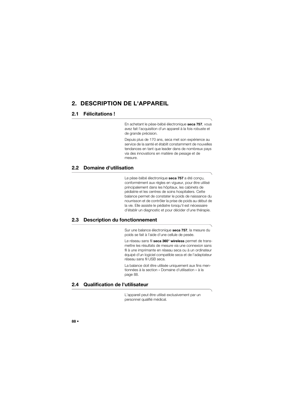 Description de l'appareil, 1 félicitations, 2 domaine d'utilisation | 3 description du fonctionnement, 4 qualification de l'utilisateur | Seca 757 User Manual | Page 88 / 307