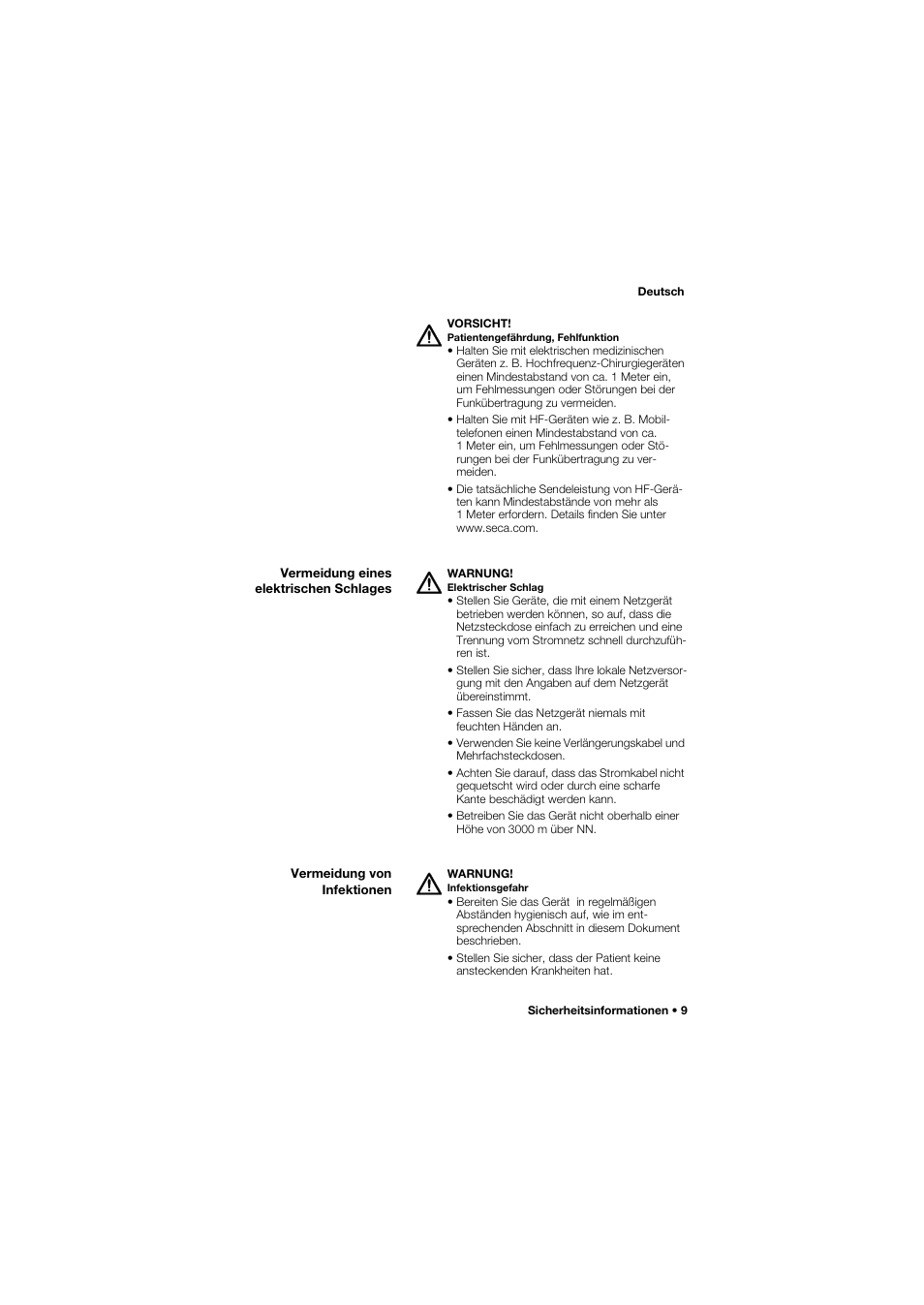 Vermeidung eines elektrischen schlages, Vermeidung von infektionen | Seca 757 User Manual | Page 9 / 307