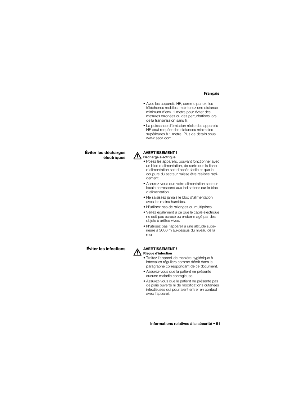 Éviter les décharges électriques, Éviter les infections | Seca 757 User Manual | Page 91 / 307