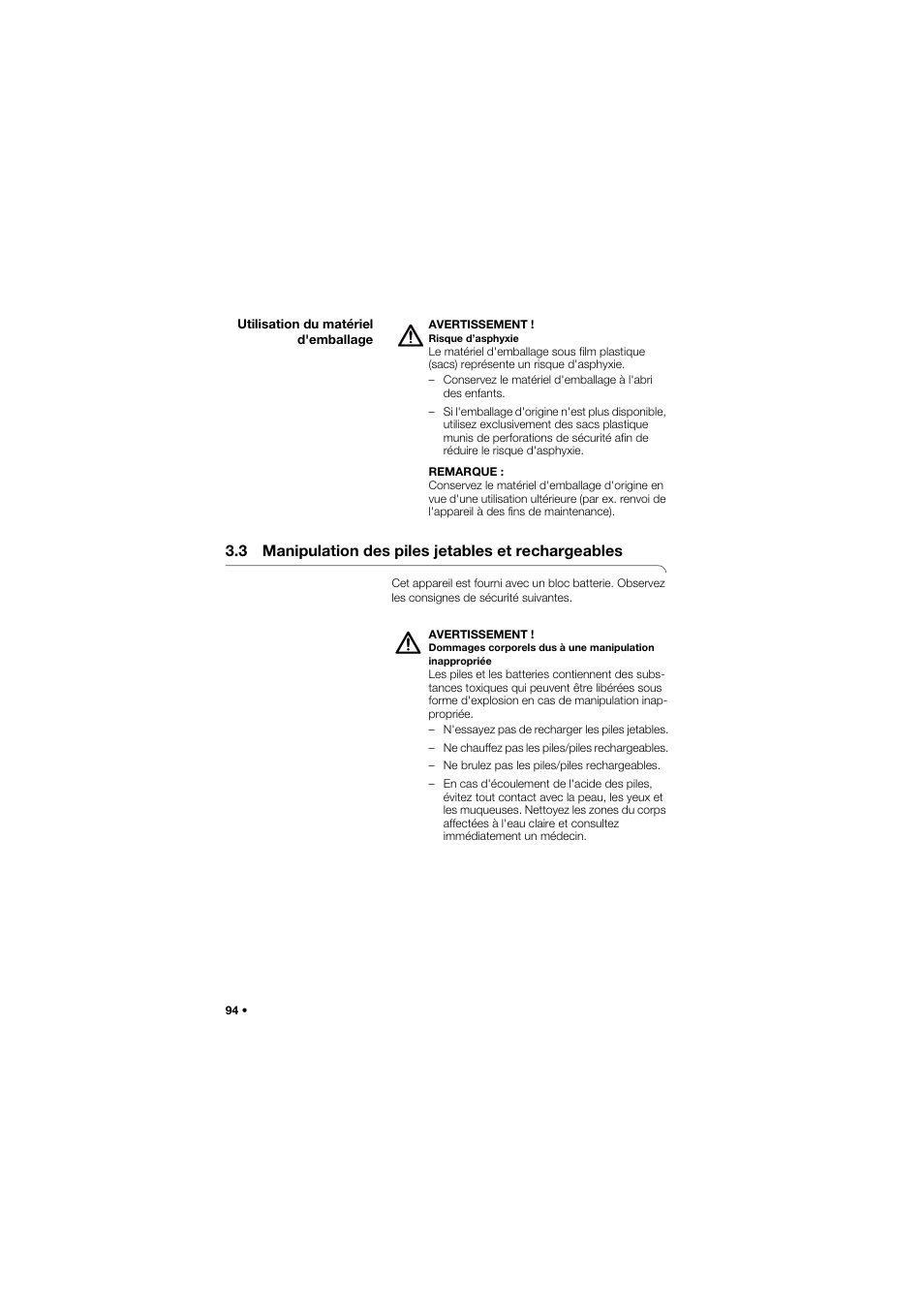 Utilisation du matériel d'emballage, 3 manipulation des piles jetables et rechargeables | Seca 757 User Manual | Page 94 / 307