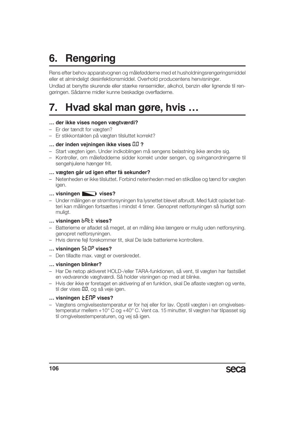 Rengøring, Hvad skal man gøre, hvis | Seca 985 User Manual | Page 106 / 239