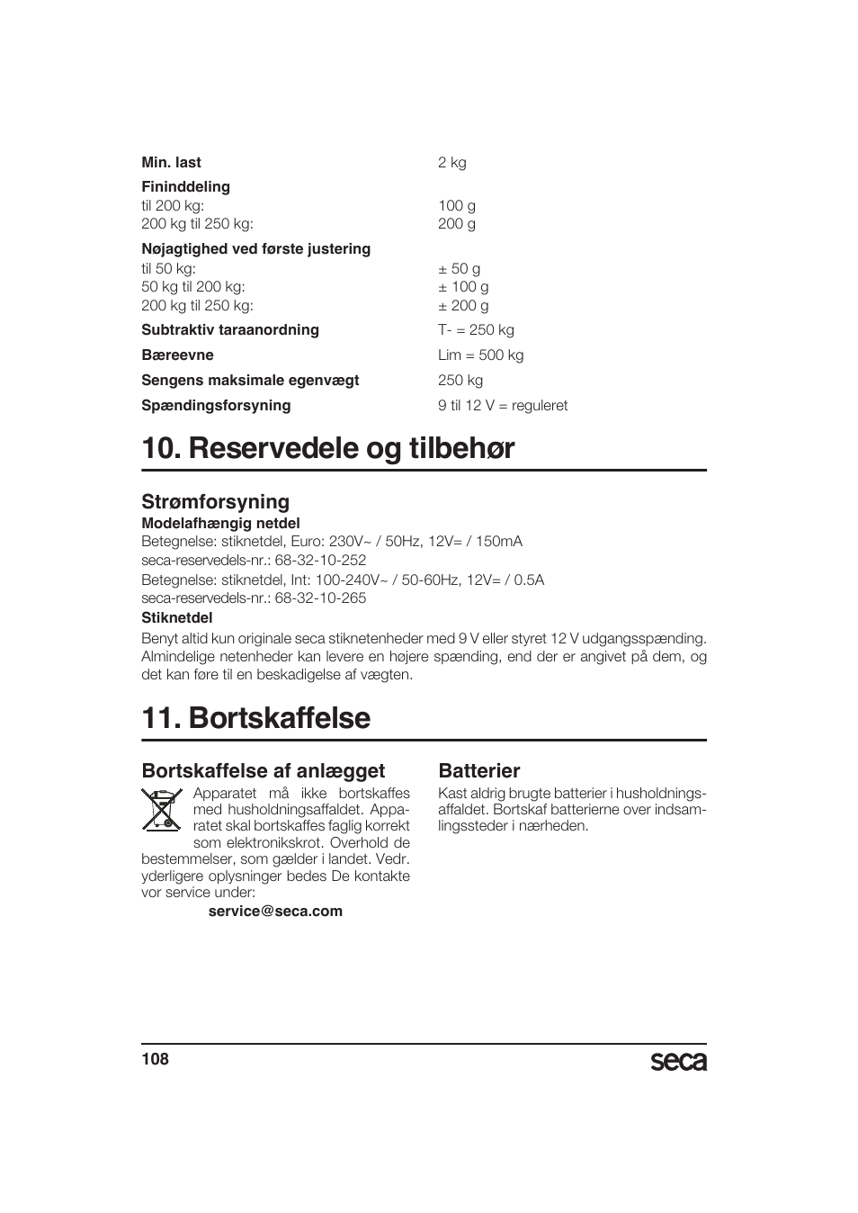 Reservedele og tilbehør, Strømforsyning, Bortskaffelse | Bortskaffelse af anlægget, Batterier | Seca 985 User Manual | Page 108 / 239