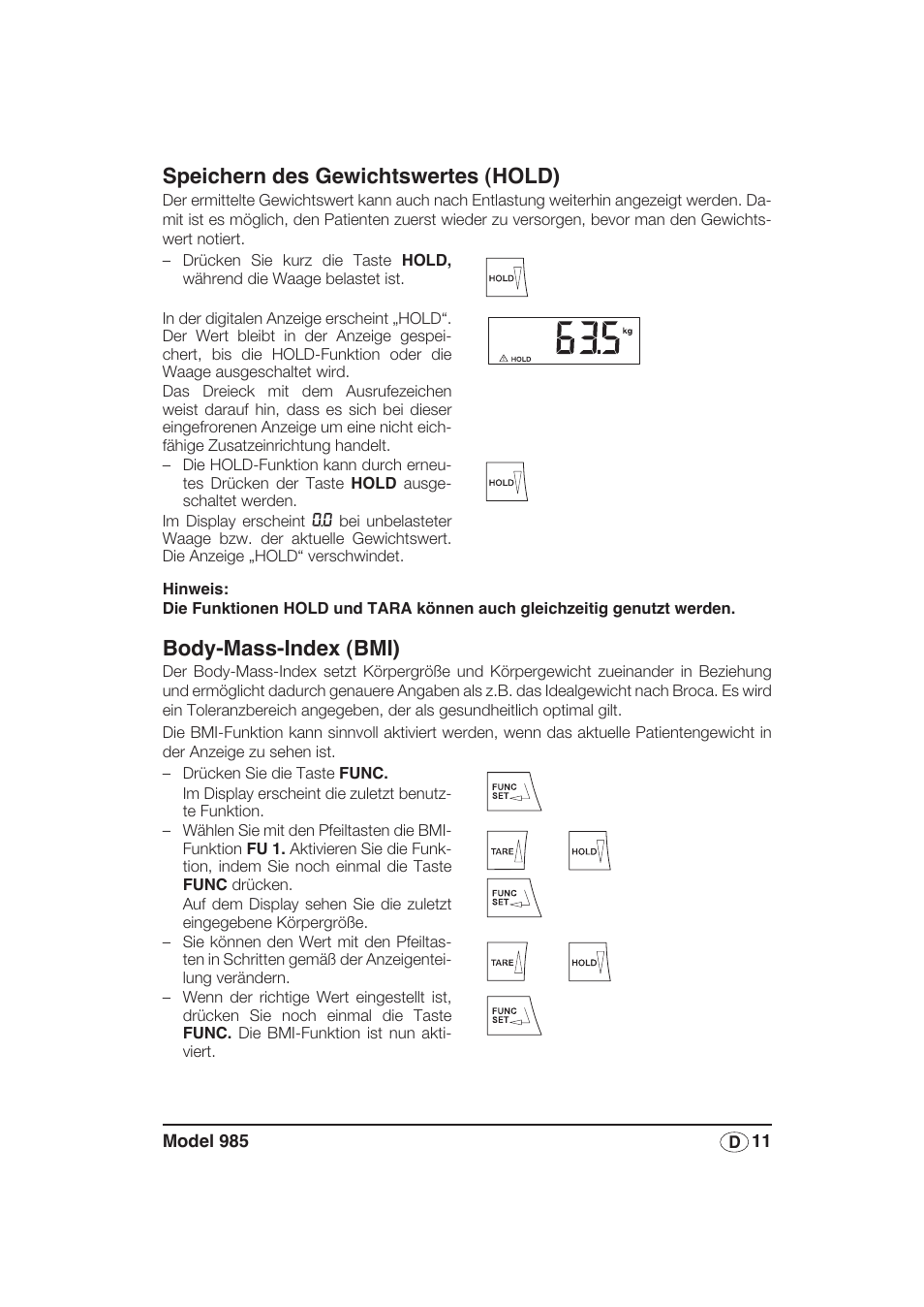 Speichern des gewichtswertes (hold), Body-mass-index (bmi) | Seca 985 User Manual | Page 11 / 239