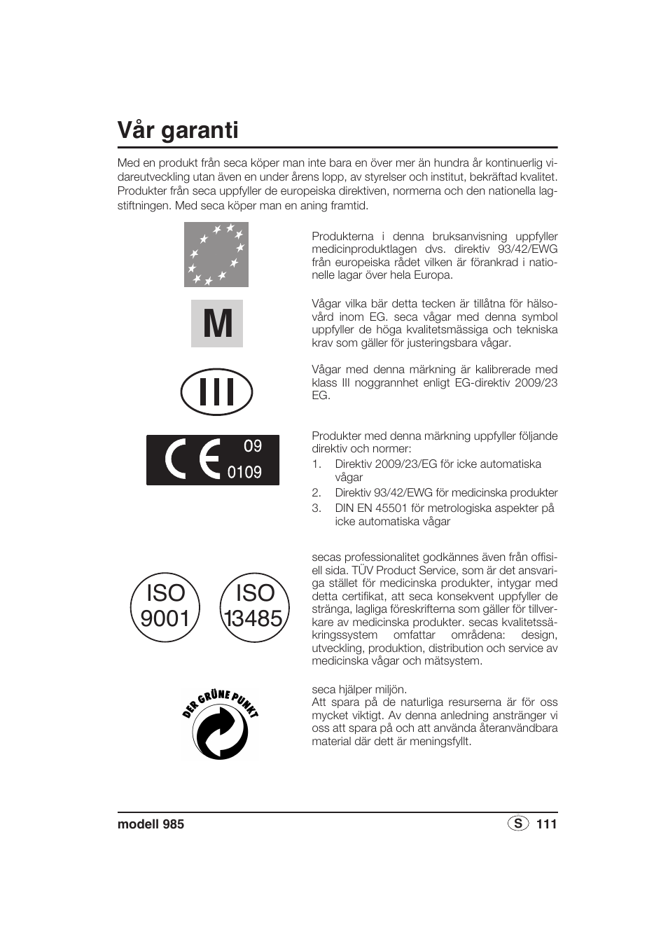 Vår garanti | Seca 985 User Manual | Page 111 / 239