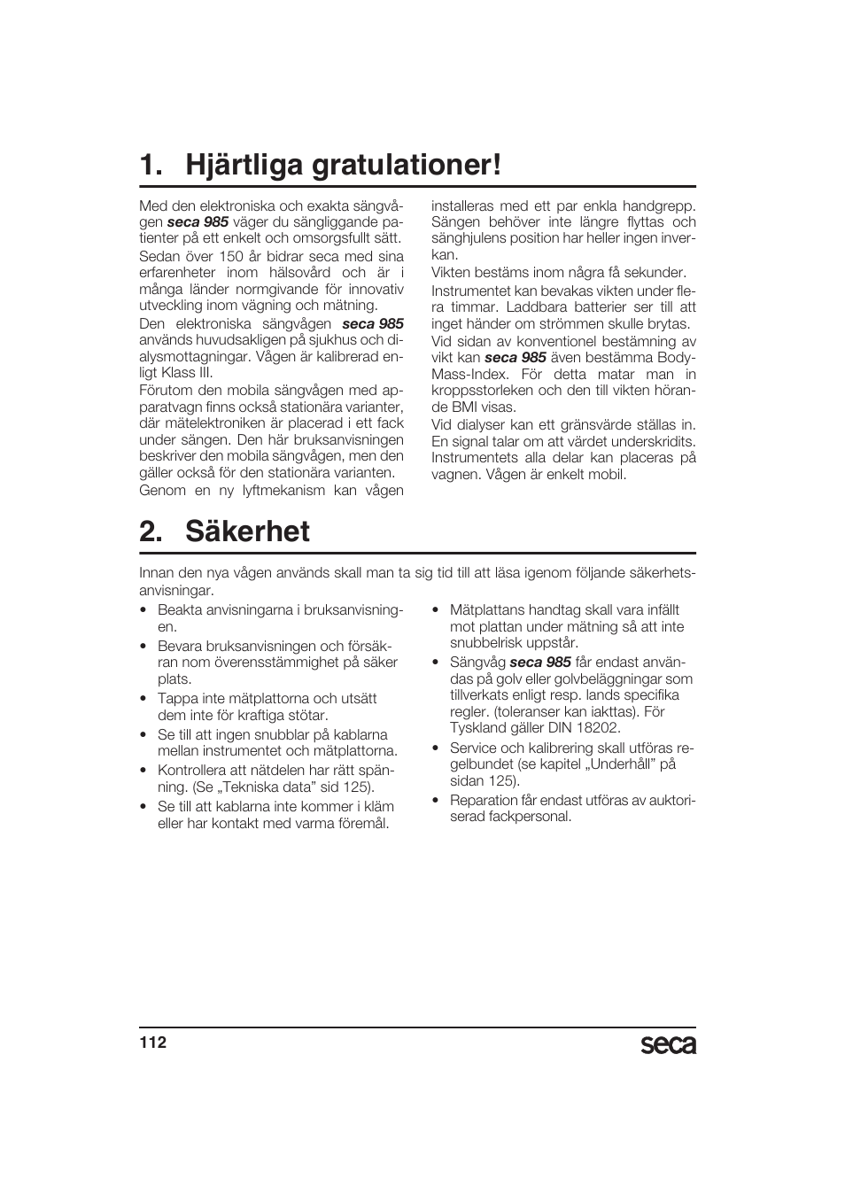 Svenska, Hjärtliga gratulationer, Säkerhet | Seca 985 User Manual | Page 112 / 239