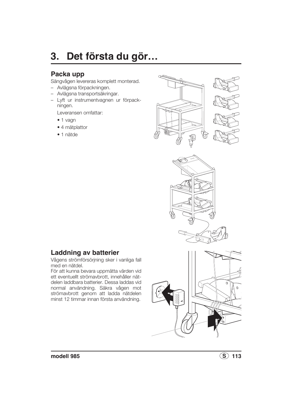 Det första du gör, Packa upp, Laddning av batterier | Seca 985 User Manual | Page 113 / 239