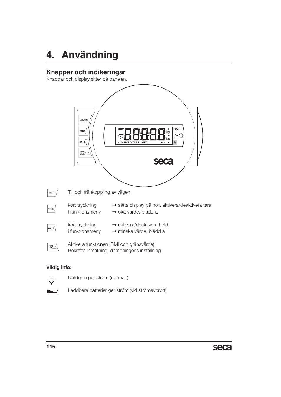 Användning, Knappar och indikeringar | Seca 985 User Manual | Page 116 / 239