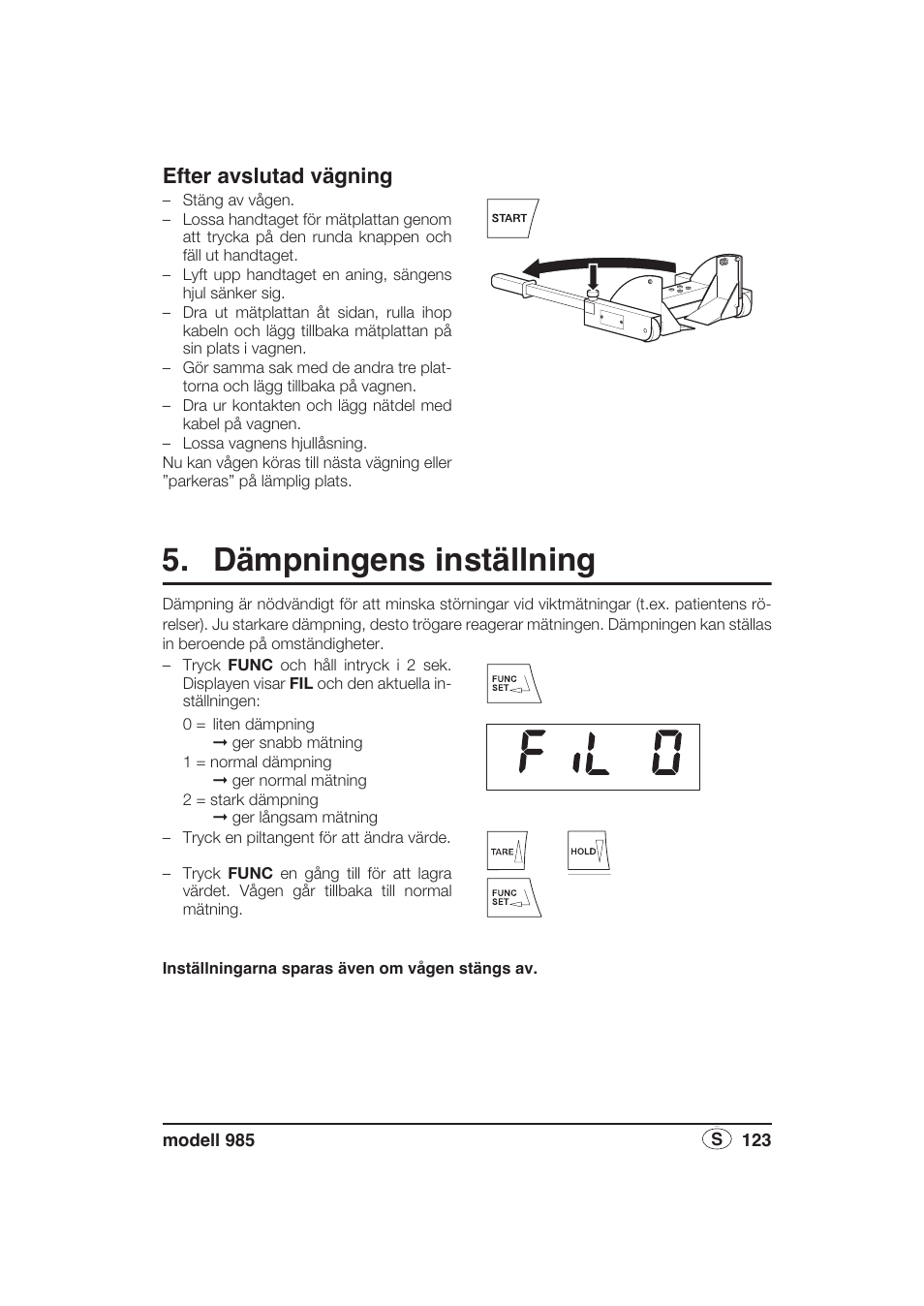 Efter avslutad vägning, Dämpningens inställning | Seca 985 User Manual | Page 123 / 239