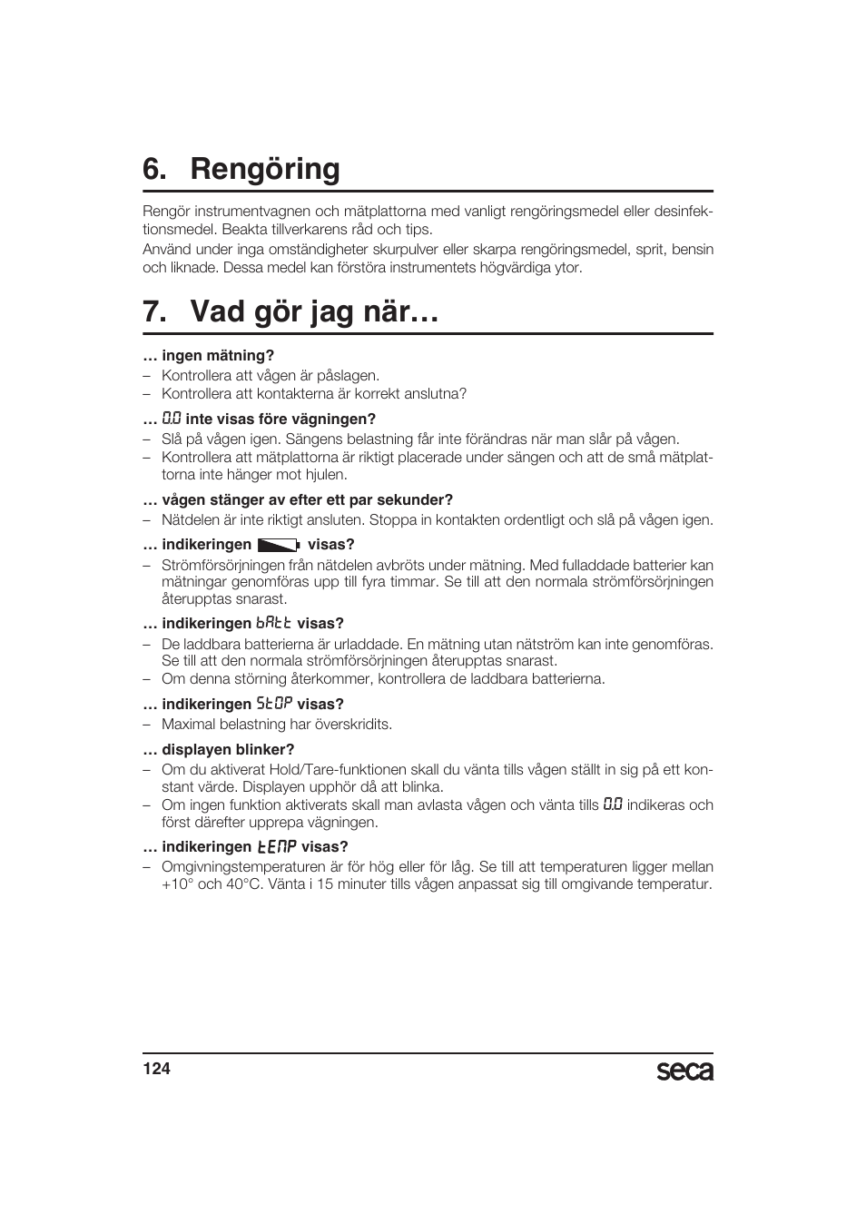 Rengöring, Vad gör jag när | Seca 985 User Manual | Page 124 / 239