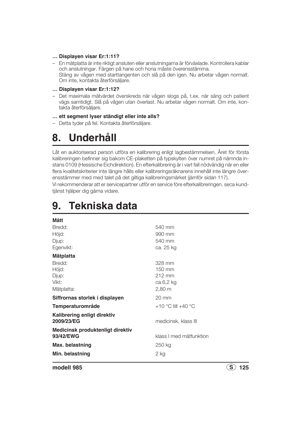 Underhåll, Tekniska data | Seca 985 User Manual | Page 125 / 239