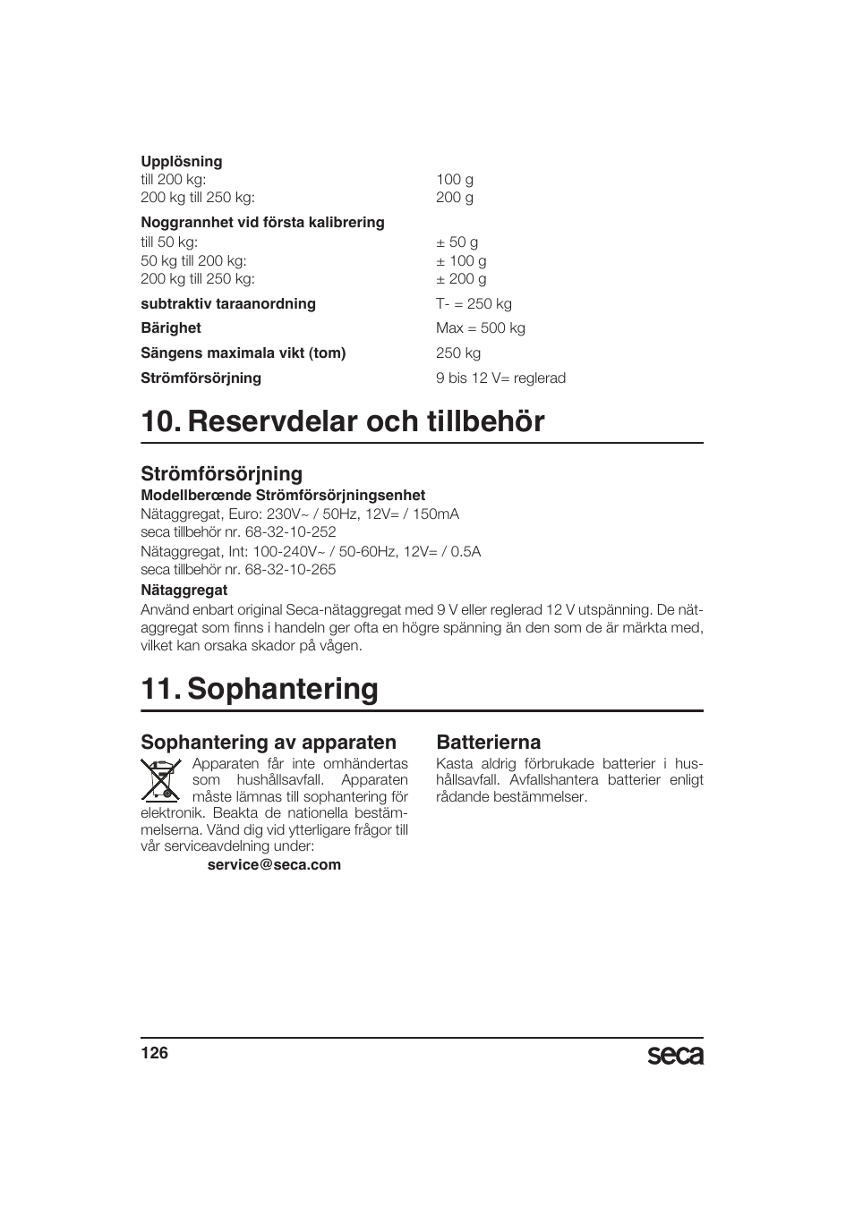 Reservdelar och tillbehör, Strömförsörjning, Sophantering | Sophantering av apparaten, Batterierna | Seca 985 User Manual | Page 126 / 239