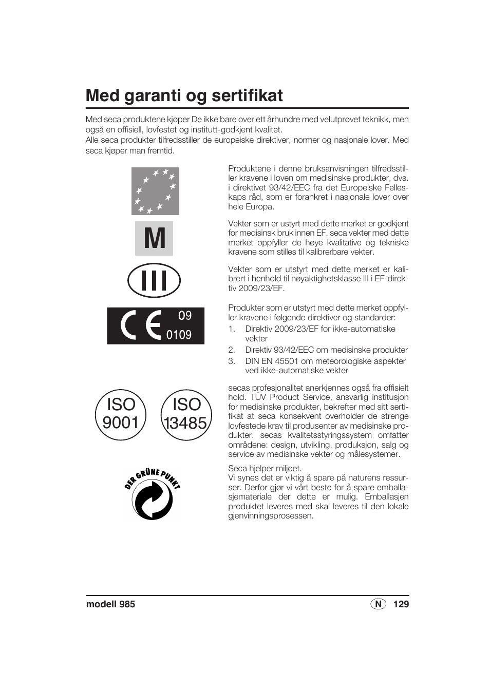 Med garanti og sertifikat | Seca 985 User Manual | Page 129 / 239