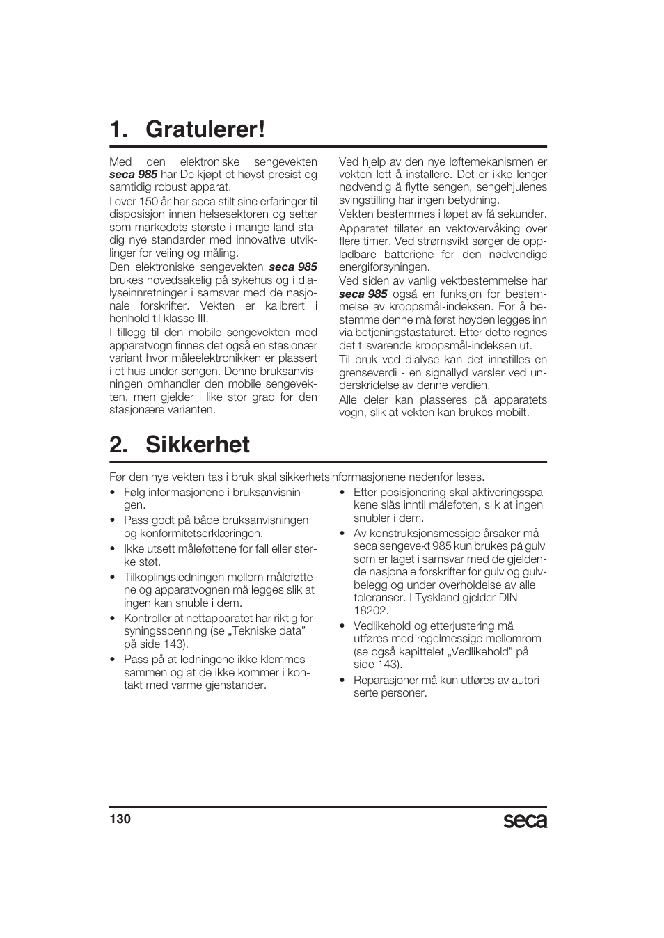 Norsk, Gratulerer, Sikkerhet | Seca 985 User Manual | Page 130 / 239