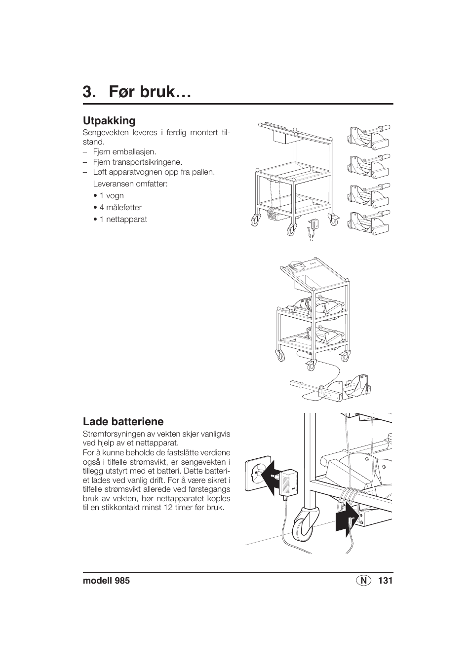 Før bruk, Utpakking, Lade batteriene | Seca 985 User Manual | Page 131 / 239