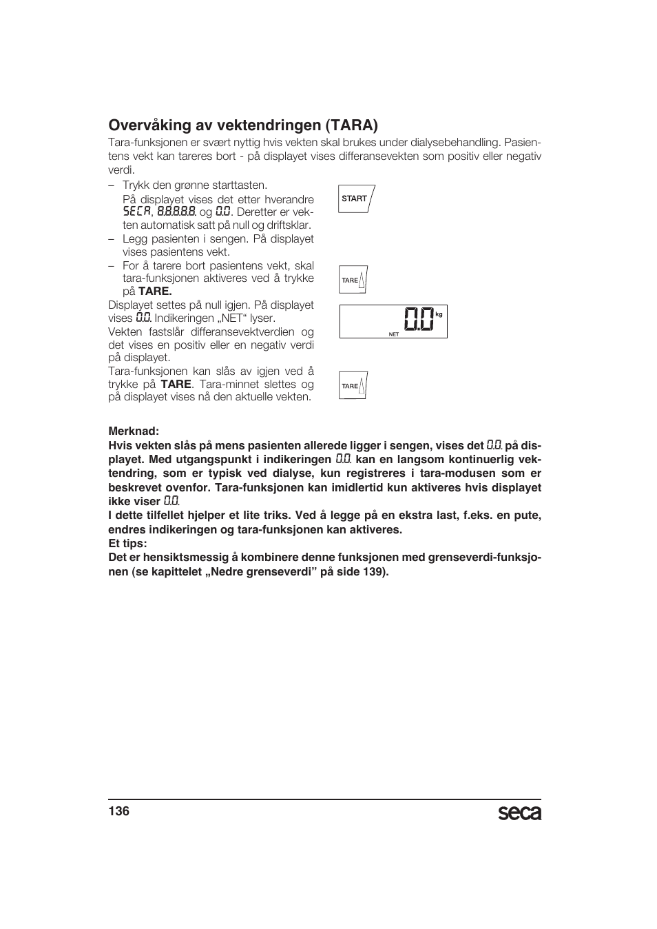 Overvåking av vektendringen (tara) | Seca 985 User Manual | Page 136 / 239
