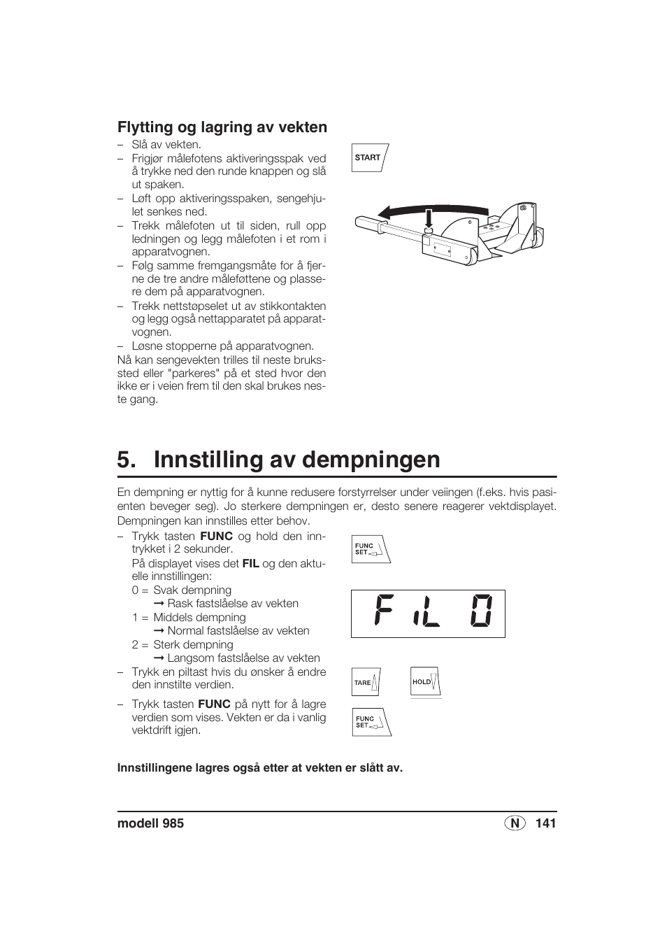 Flytting og lagring av vekten, Innstilling av dempningen | Seca 985 User Manual | Page 141 / 239