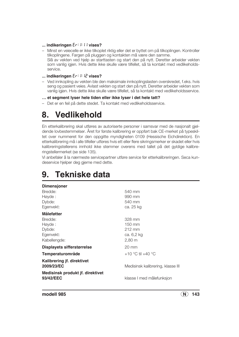 Vedlikehold, Tekniske data | Seca 985 User Manual | Page 143 / 239
