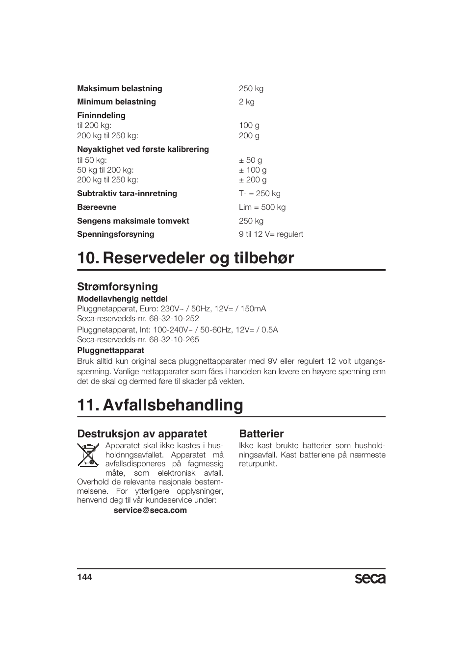 Reservedeler og tilbehør, Strømforsyning, Avfallsbehandling | Destruksjon av apparatet, Batterier | Seca 985 User Manual | Page 144 / 239