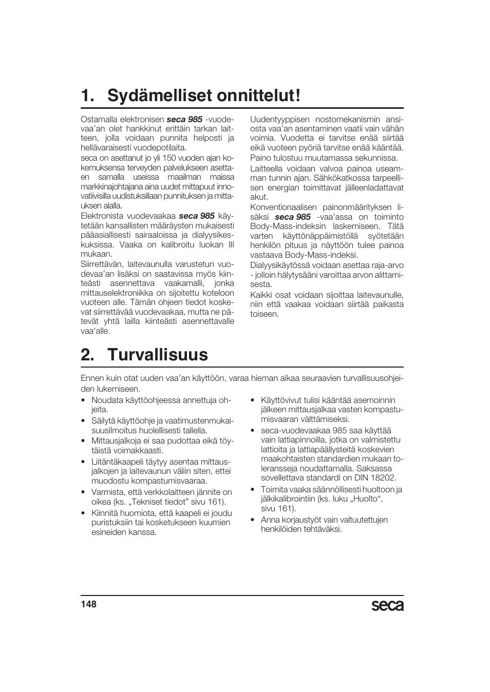 Suomi, Sydämelliset onnittelut, Turvallisuus | Seca 985 User Manual | Page 148 / 239