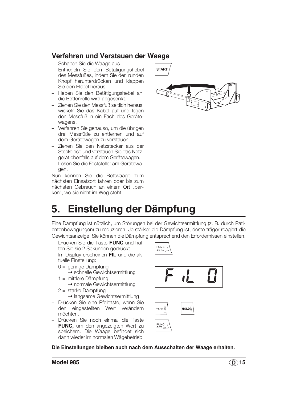 Verfahren und verstauen der waage, Einstellung der dämpfung | Seca 985 User Manual | Page 15 / 239