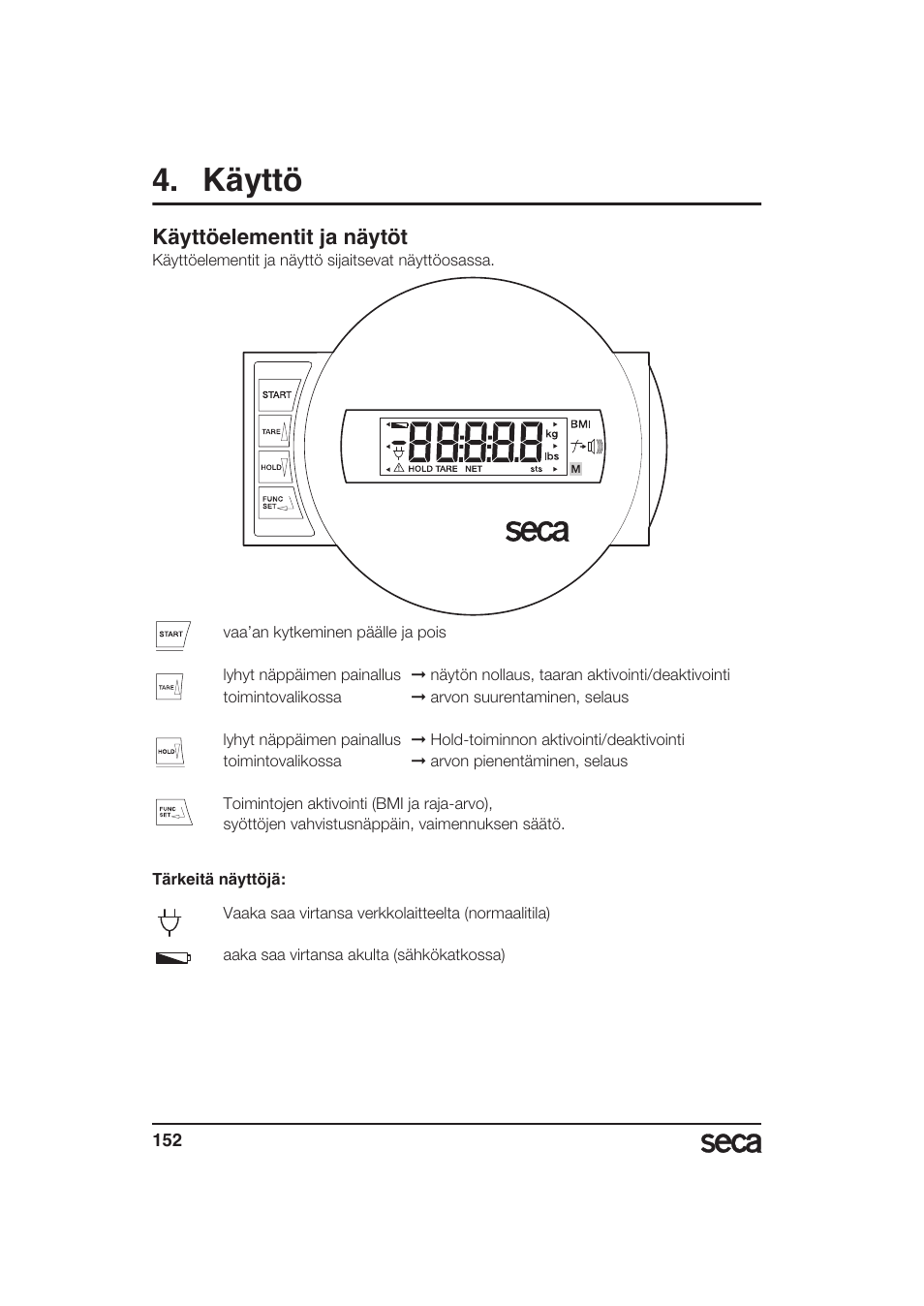 Käyttö, Käyttöelementit ja näytöt | Seca 985 User Manual | Page 152 / 239