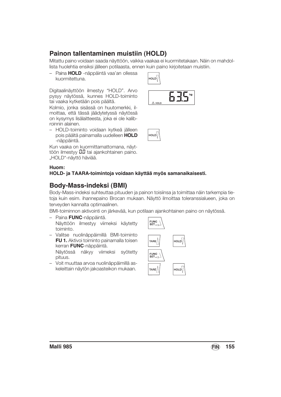 Painon tallentaminen muistiin (hold), Body-mass-indeksi (bmi) | Seca 985 User Manual | Page 155 / 239