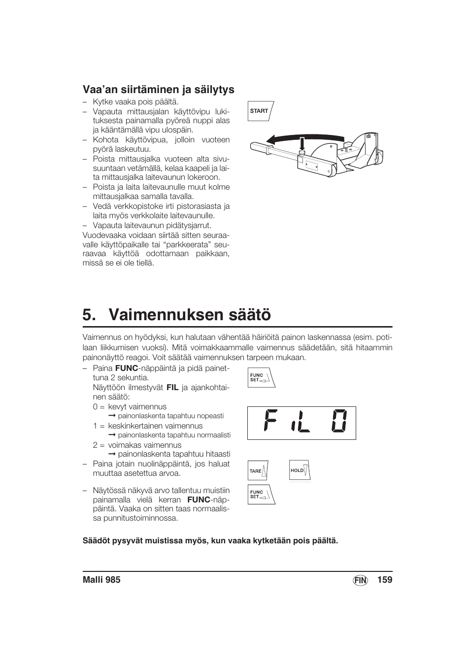 Vaa’an siirtäminen ja säilytys, Vaimennuksen säätö | Seca 985 User Manual | Page 159 / 239