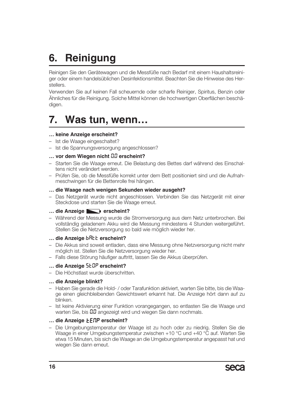 Reinigung, Was tun, wenn | Seca 985 User Manual | Page 16 / 239