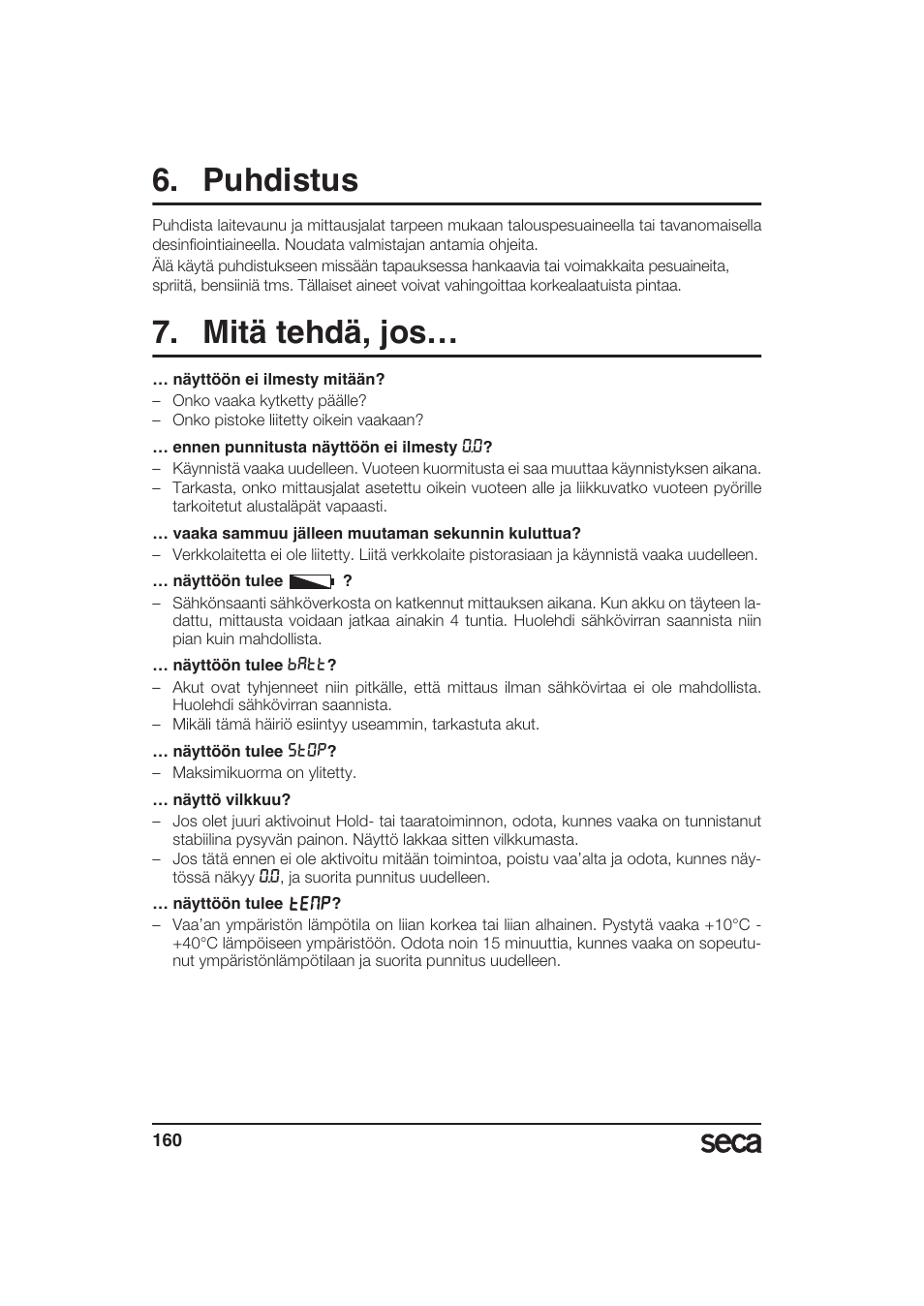 Puhdistus, Mitä tehdä, jos | Seca 985 User Manual | Page 160 / 239