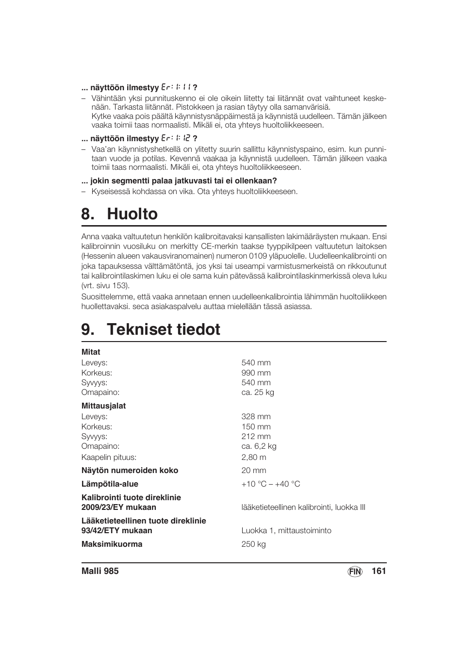 Huolto, Tekniset tiedot | Seca 985 User Manual | Page 161 / 239