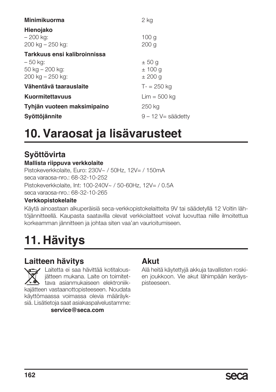 Varaosat ja lisävarusteet, Syöttövirta, Hävitys | Laitteen hävitys, Akut | Seca 985 User Manual | Page 162 / 239
