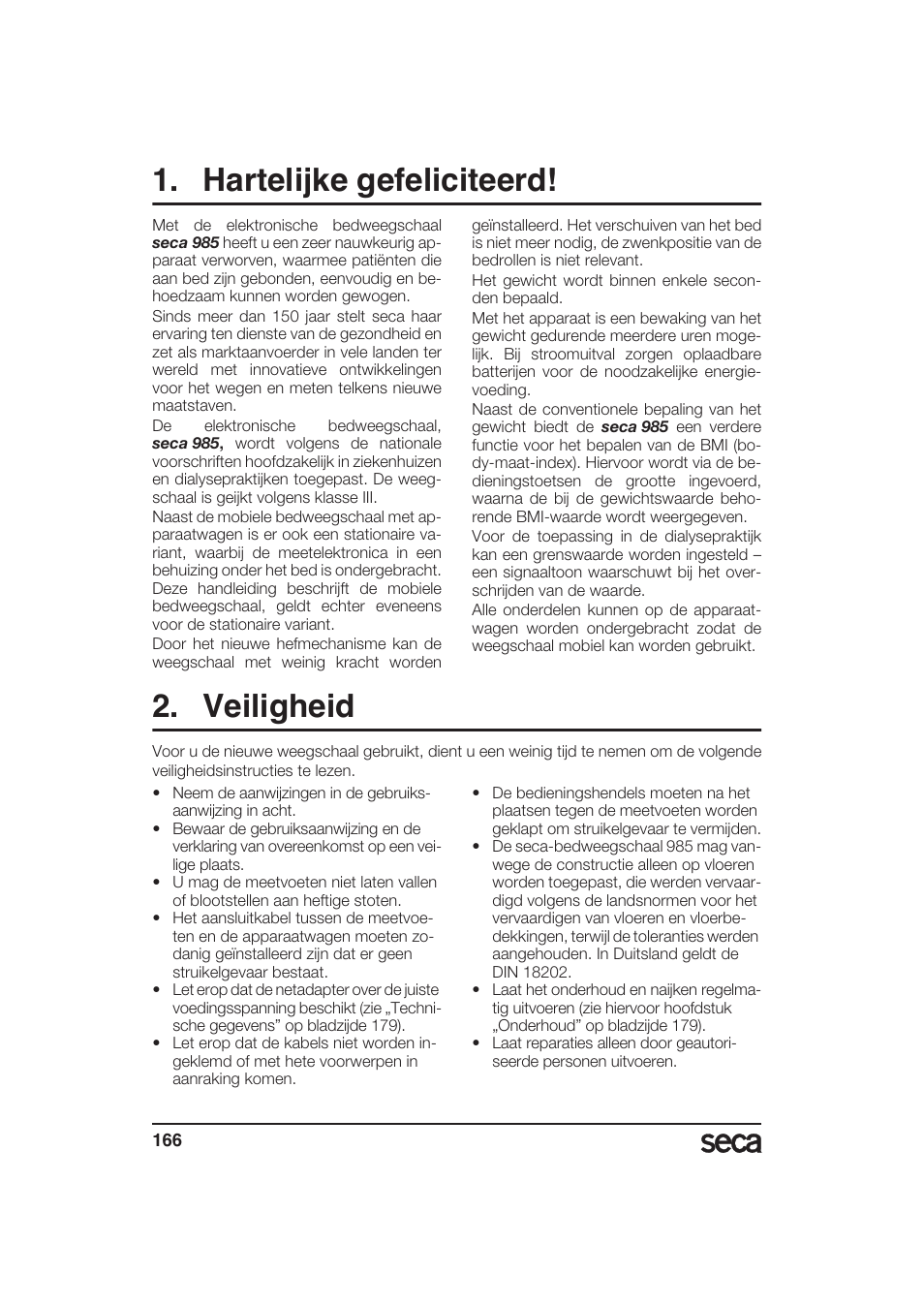 Nederlands, Hartelijke gefeliciteerd, Veiligheid | Seca 985 User Manual | Page 166 / 239